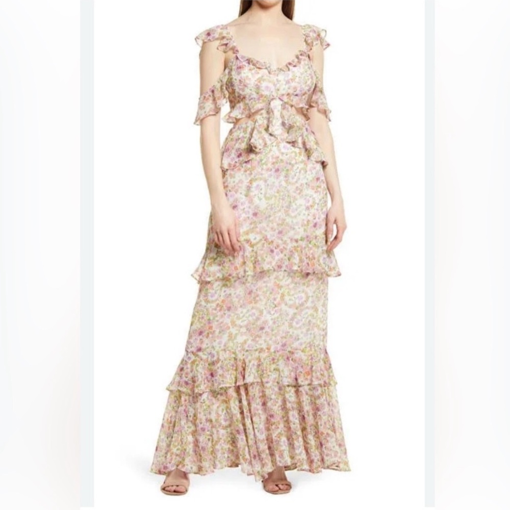 Wayf Pink and Cream Floral Maxi Dress with cutouts